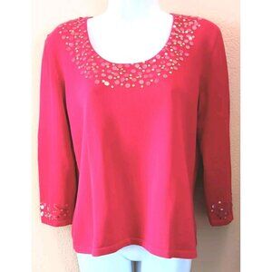 CRAZY HORSE by Liz Claiborne Sequined Sweater L Festive Christmas Holiday Red